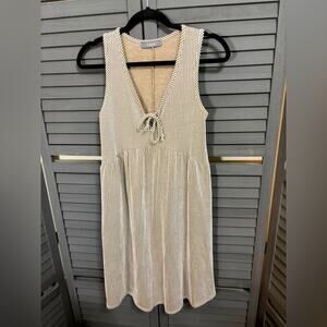 Ribbed Loose Fit Dress Beige and White Stripe V-neck with Tie Detail Size S